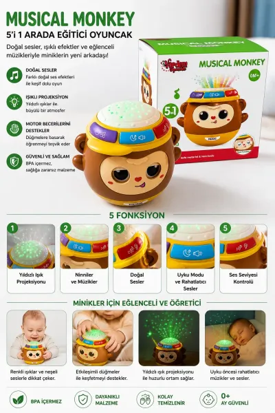 Musical Monkey 5’i 1 Arada Işıklı Müzikli Hareketli Gözlü Bebek Oyuncağı 0+ Ay