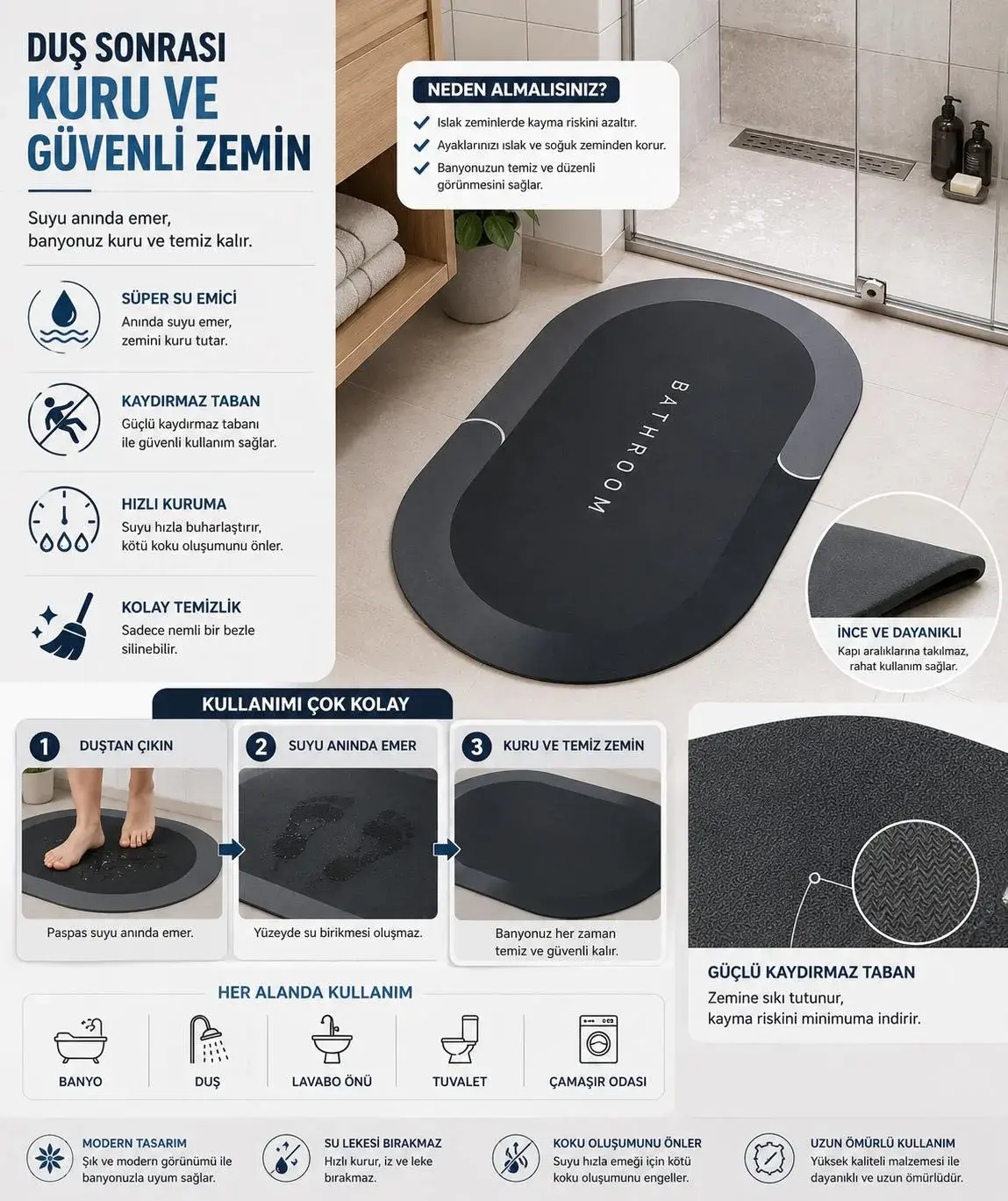Sihirli Banyo Paspası 38x58 cm – Süper Su Emici, Kaydırmaz ve Hızlı Kuruyan Oval