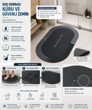 Sihirli Banyo Paspası 38x58 cm – Süper Su Emici, Kaydırmaz ve Hızlı Kuruyan Oval