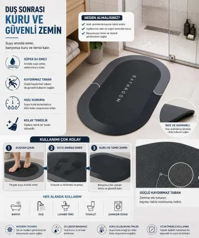 Sihirli Banyo Paspası 38x58 cm – Süper Su Emici, Kaydırmaz ve Hızlı Kuruyan Oval