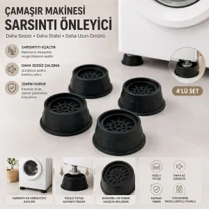 Titreşim Önleyici Çamaşır Makinesi Ayak Pedi - 4’lü Set (Kaymaz - Sessiz - Zemin Koruyucu)