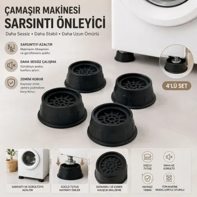 Titreşim Önleyici Çamaşır Makinesi Ayak Pedi - 4’lü Set (Kaymaz - Sessiz - Zemin Koruyucu)