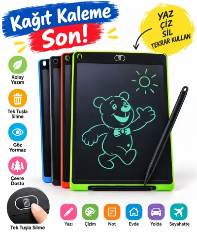 LCD Dijital Yazı Tahtası Kalemli Çizim ve Not Tableti Tek Tuşla Silme