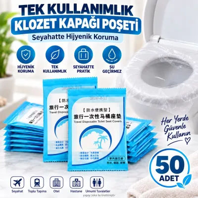 50 Adet Tek Kullanımlık Klozet Kapağı Poşeti Seyahat Tipi Hijyenik Su Geçirmez Koruyucu