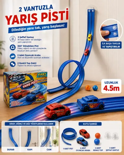 360° Dönebilen Yarış Pisti 4,5 Metre Vantuzlu Esnek Yarış Yolu 2 Arabalı Çocuk Oyuncağı