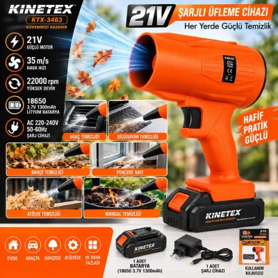 21V Şarjlı Hava Üfleyici Fan 35 m/s 22000 Devir Blower Araba ,Cam ,Su Lekeleri Kurulama Fanı