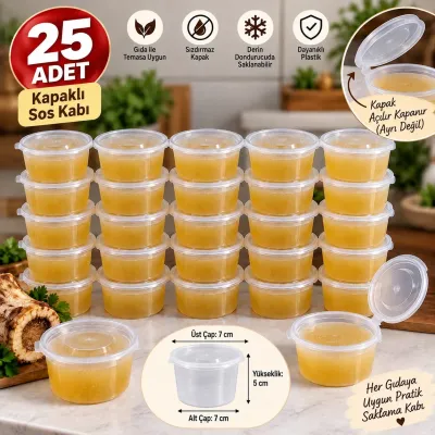 25 Adet Kapaklı Sosluk Saklama Kabı Şeffaf Mini Sos Kabı Et Kemik Suyu ve Buzluk Kabı