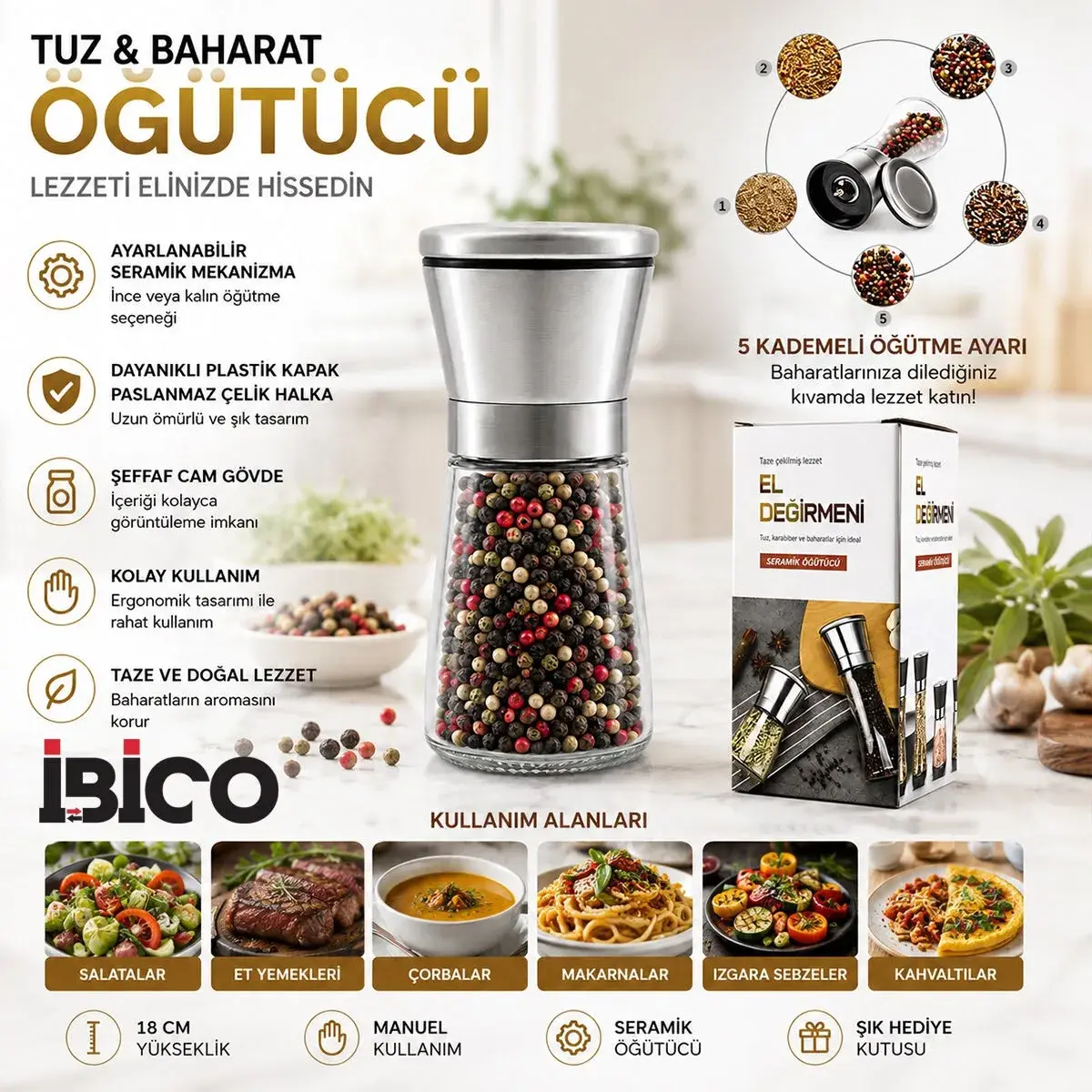 Seramik Öğütücülü 5 Kademe Ayarlı Tuz ve Karabiber El Değirmeni - 180 ml Şeffaf Cam Hazne 13 cm