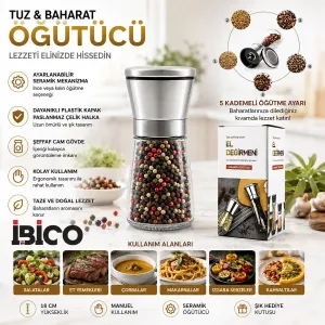 Seramik Öğütücülü 5 Kademe Ayarlı Tuz ve Karabiber El Değirmeni - 180 ml Şeffaf Cam Hazne 13 cm