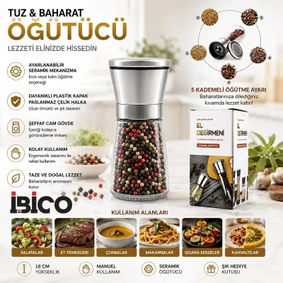Seramik Öğütücülü 5 Kademe Ayarlı Tuz ve Karabiber El Değirmeni - 180 ml Şeffaf Cam Hazne 13 cm
