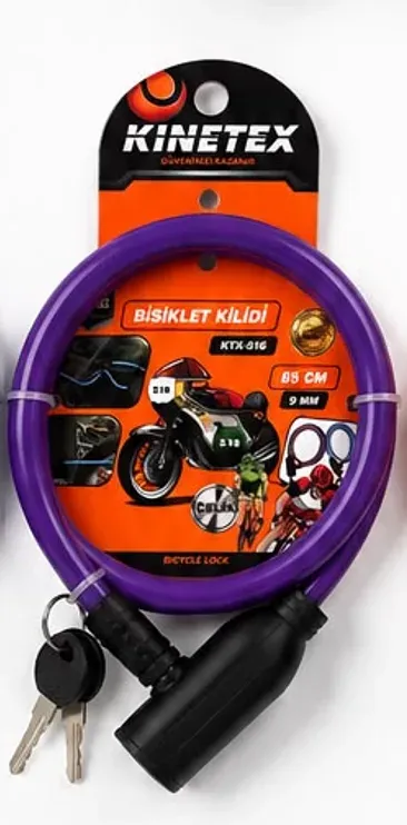 Bisiklet Kilidi 65 CM 9 MM Çelik Halatlı Anahtarlı Güvenlik Kilidi Mor