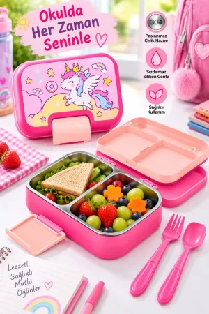 Titiz Happii 1030 ml Çelik Bölmeli Beslenme Kabı Sızdırmaz Silikon Contalı Çatal Kaşık Setli - Pembe