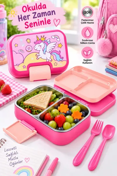 Titiz Happii 1030 ml Çelik Bölmeli Beslenme Kabı Sızdırmaz Silikon Contalı Çatal Kaşık Setli - Pembe