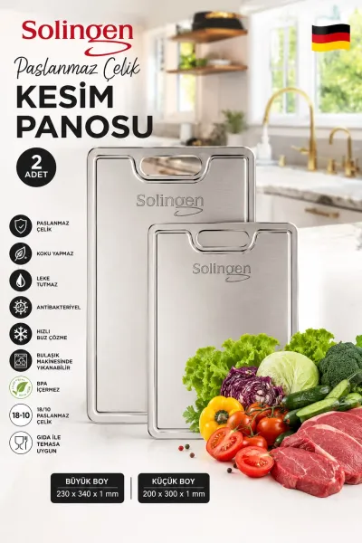 2'li Paslanmaz Çelik Kesme Tahtası Seti (23x34 ve 20x30 cm) - Antibakteriyel Kesim Panosu