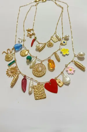 Üçlü Renkli Charm Detaylı Zincir Kolye Seti - 3 Ayrı kolye Birlikte