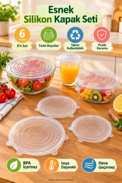 6’lı Esnek Silikon Streç Kapak Seti, Şeffaf, Tekrar Kullanılabilir Gıda Saklama Kapağı
