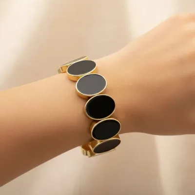 Kadın 14K Kaplama Gold Siyah Çelik Lastik Bileklik