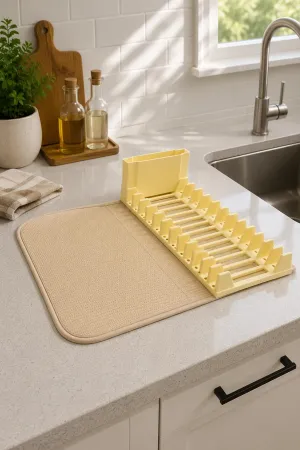 Premium Katlanabilir Mikrofiber Bulaşıklık Seti Bej – Tezgah Üstü Kurulama Matı 35x43 cm - 3'lü Set