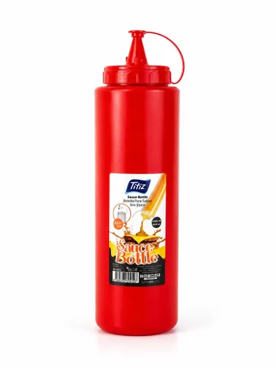 Titiz 1000 ml Sos Şişesi Seti Sarı Kırmızı Şeffaf Sızdırmaz Kapaklı 1 Adet - Kırmızı