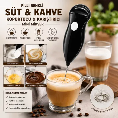 Pilli Süt ve Kahve Köpürtücü Mini Mikser - Yumurta Çırpıcı Sos ve Krema Karıştırıcı