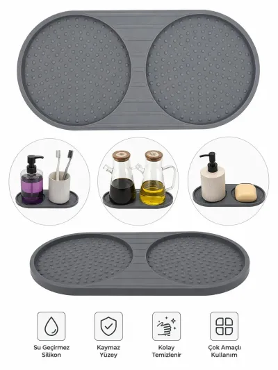 Silikon Yağdanlık Altlığı ve Sabunluk Altlığı 24x12 cm Gri - Mutfak Banyo Tezgah Üstü Düzenleyici