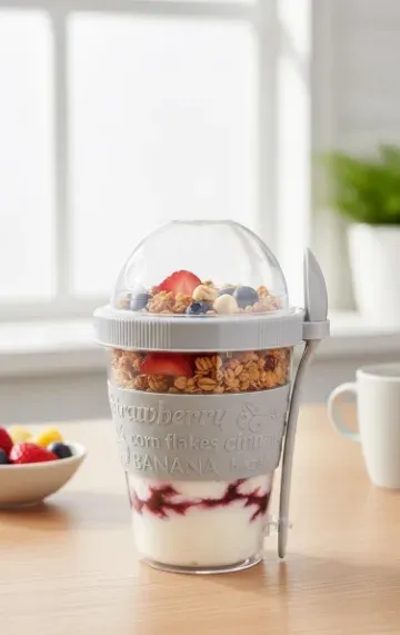 Titiz 600 ml Kaşıklı Yoğurt Müsli Kabı – Taşınabilir Kase - Beyaz