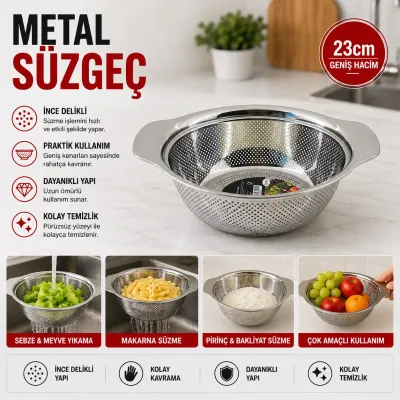 Metal Sepet Süzgeç 23 cm Kulplu Mutfak Sebze Meyve Yıkama ve Süzme Aparatı