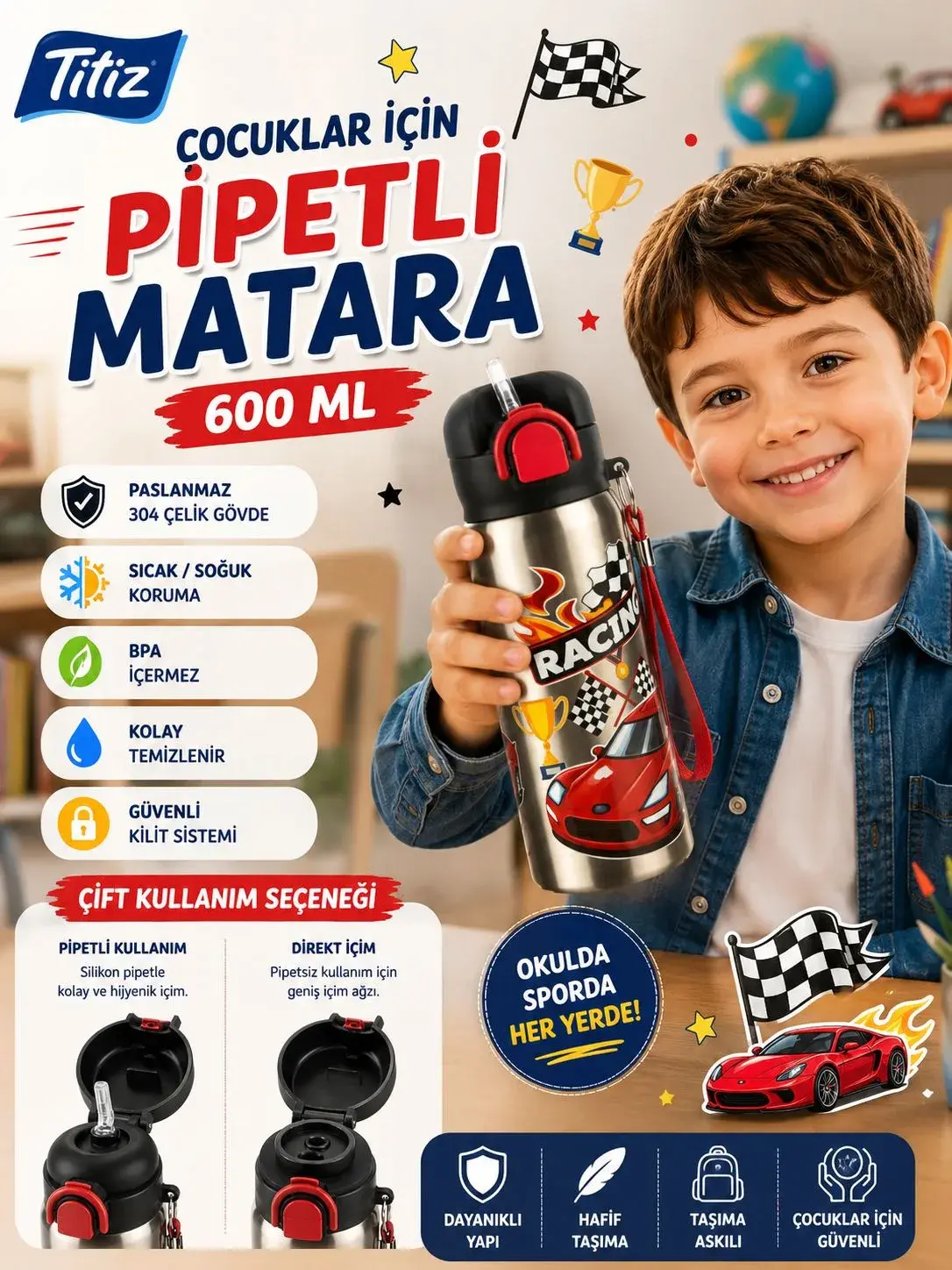 Titiz Siply 600 ml 304 Paslanmaz Çelik Çocuk Matarası Pipetli ve Direkt İçim Çift Kullanımlı - Kırmızı