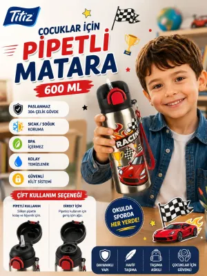 Titiz Siply 600 ml 304 Paslanmaz Çelik Çocuk Matarası Pipetli ve Direkt İçim Çift Kullanımlı - Kırmızı