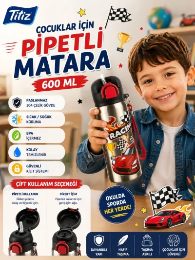 Titiz Siply 600 ml 304 Paslanmaz Çelik Çocuk Matarası Pipetli ve Direkt İçim Çift Kullanımlı - Kırmızı