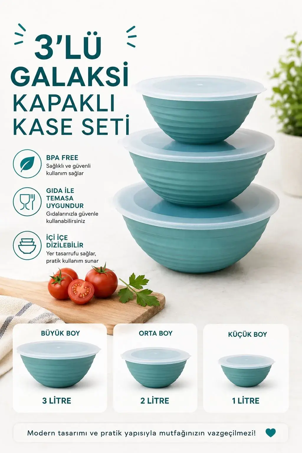 Galaksi Kapaklı Kase Seti 3’lü 1 Lt 2 Lt 3 Lt BPA Free Mavi