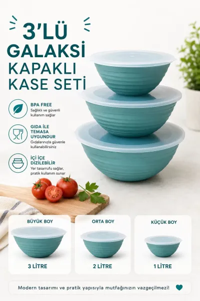 Galaksi Kapaklı Kase Seti 3’lü 1 Lt 2 Lt 3 Lt BPA Free Mavi