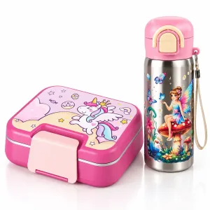 Titiz Çelik Beslenme Kabı ve 600 ml Çelik Termos Matara Seti Pembe Unicorn  Su Perisi 2’li Okul Seti