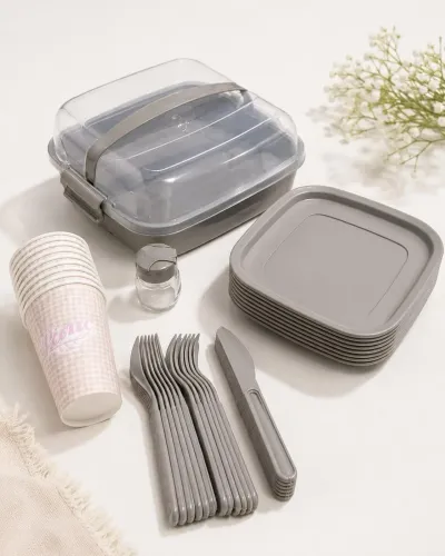 Titiz Lovely 32 Parça 6 Kişilik Piknik Seti BPA Free Kapaklı Taşınabilir Piknik Sepeti Gri