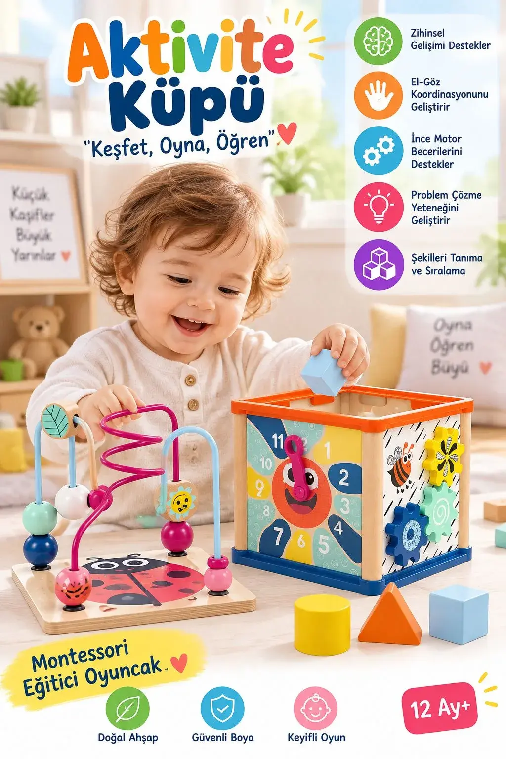 Topbright Ahşap Aktivite Küpü 5’i 1 Arada Montessori Eğitici Oyuncak 12 Ay+