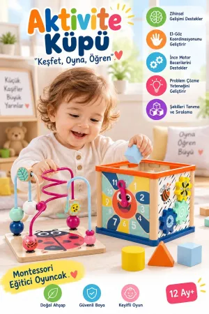 Topbright Ahşap Aktivite Küpü 5’i 1 Arada Montessori Eğitici Oyuncak 12 Ay+