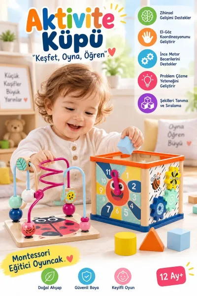 Topbright Ahşap Aktivite Küpü 5’i 1 Arada Montessori Eğitici Oyuncak 12 Ay+