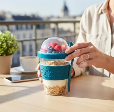 Titiz 600 ml Kaşıklı Yoğurt Müsli Kabı – Taşınabilir Kase - Mavi