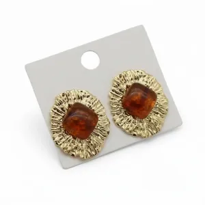 Kadın Kahve Taşlı Gold Detaylı Çelik 14 K Küpe 30 mm