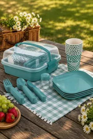 Titiz Lovely 32 Parça 6 Kişilik Piknik Seti BPA Free Kapaklı Taşınabilir Piknik Sepeti - Mavi