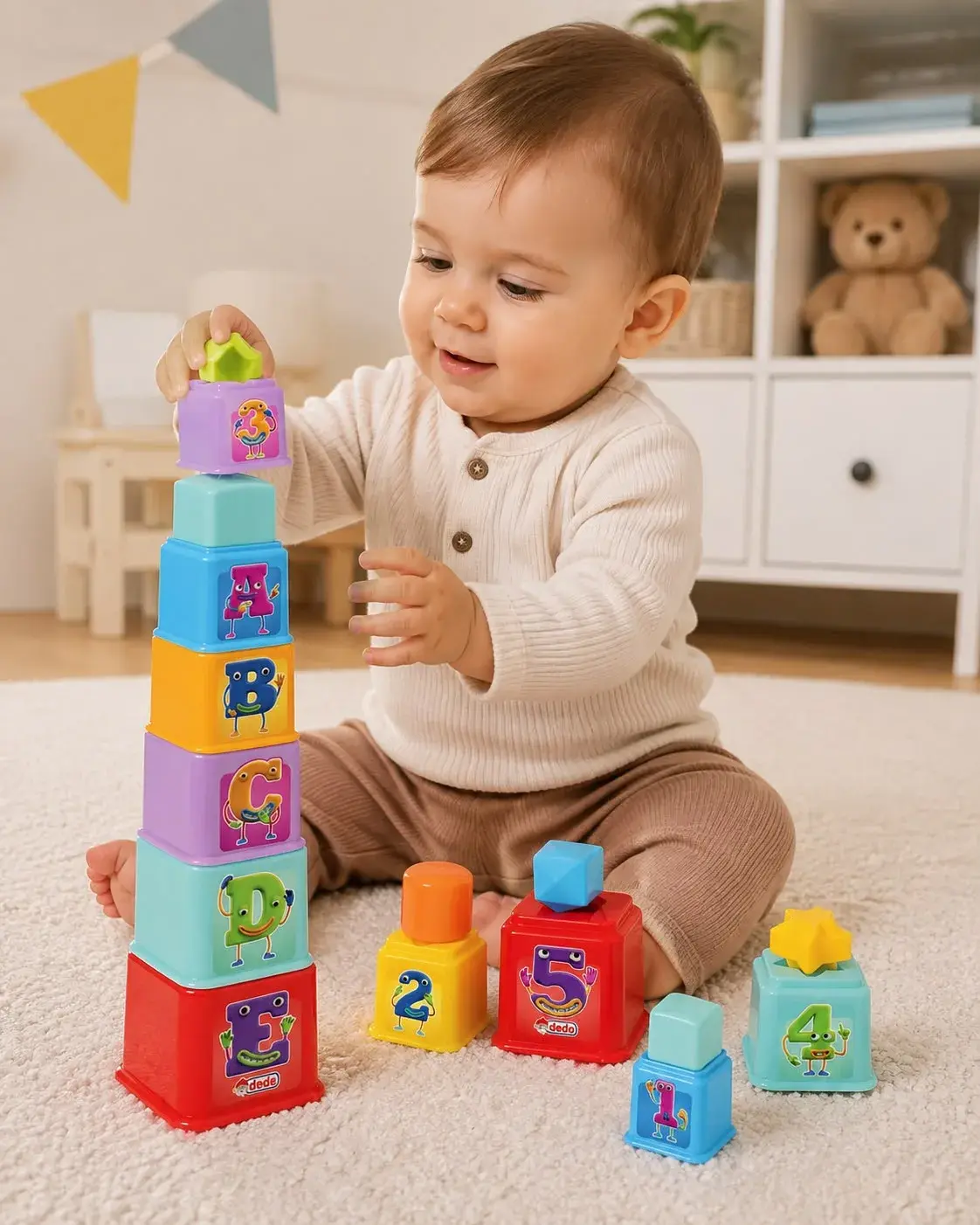 Dede Baby Kare Kule Bultak Oyuncağı 10 Parça Harf ve Rakam Eğitici Kule 12 Ay+