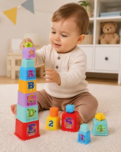 Dede Baby Kare Kule Bultak Oyuncağı 10 Parça Harf ve Rakam Eğitici Kule 12 Ay+