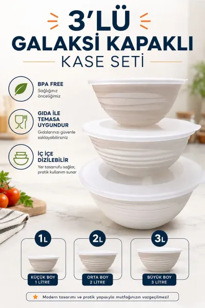 Galaksi Kapaklı Kase Seti 3’lü 1 Lt 2 Lt 3 Lt BPA Free - Beyaz