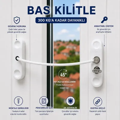 Çelik Halatlı Anahtarlı Pencere Emniyet Kilidi Çocuk Güvenlik Kilidi Beyaz