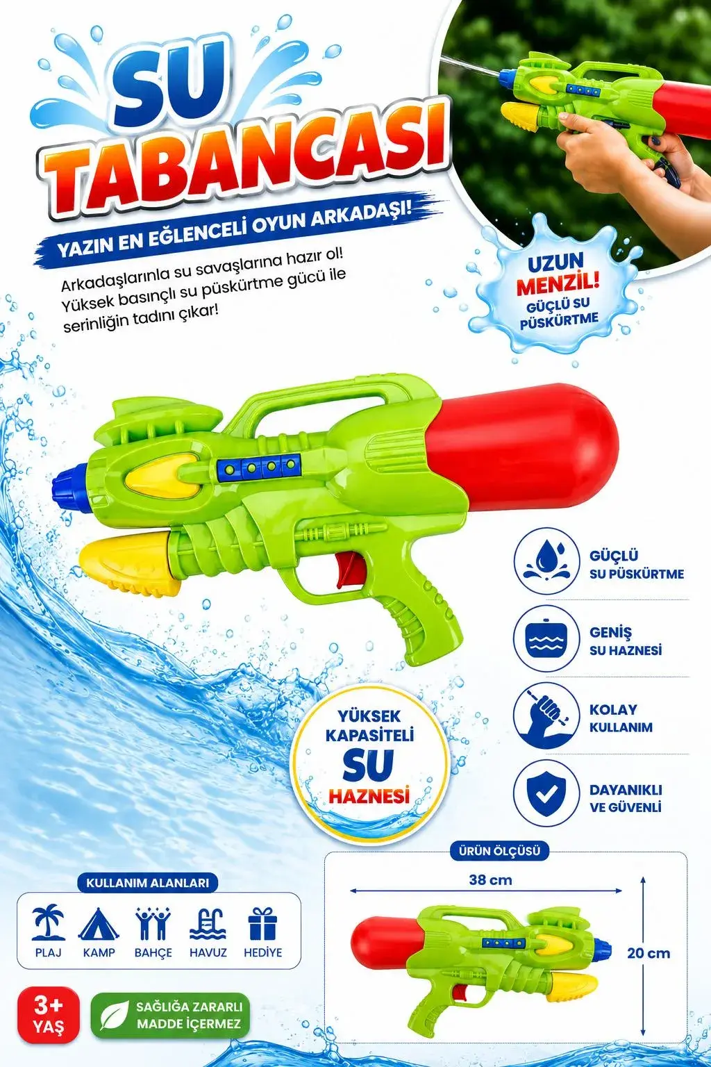 Büyük Boy Su Tabancası - Pompalı Oyuncak Su Tabancası 38 cm 650 ml