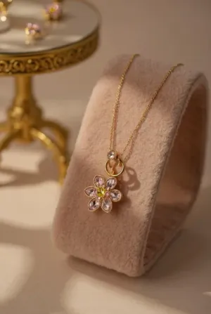 Altın Renk Taşlı Çiçek Figürlü Çelik Kolye Pembe