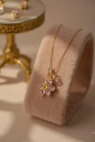 Altın Renk Taşlı Çiçek Figürlü Çelik Kolye Pembe