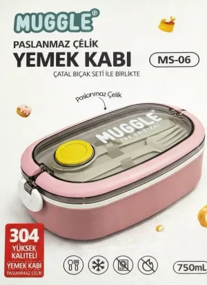 Paslanmaz Çelik Yemek Kabı 750 ml – Çatal Kaşık Setli, Çift Kilitli Tasarım- Pembe Renk