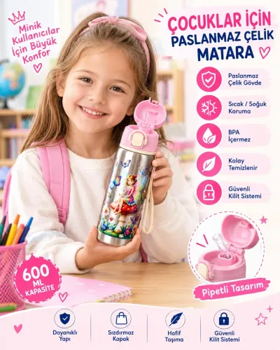 Titiz Siply 600 ml 304 Paslanmaz Çelik Çocuk Matarası Pipetli ve Direkt İçim Çift Kullanımlı Pembe
