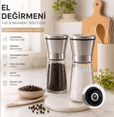 Seramik Öğütücülü 5 Kademe Ayarlı Tuz ve Karabiber El Değirmeni - 180 ml Şeffaf Cam Hazne 13 cm 2'li Set